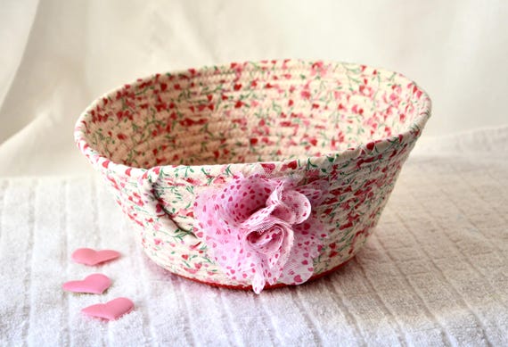 Handmade Valentine Fabric Basket: Red Heart Quilted Bowl