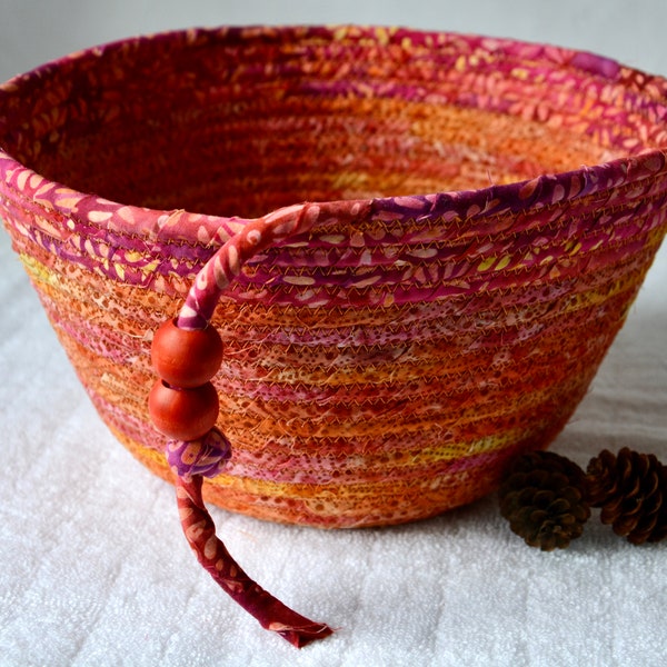 Earthtone Batik Bowl, Rustic Terracotta Entryway Basket, Batik Fabric Basket, Country Fruit Bowl, Handmade Bath Towel Holder