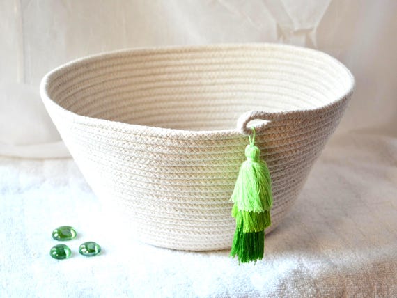 Handmade Rope Basket, Farmhouse Coiled Bowl with Green Tassel
