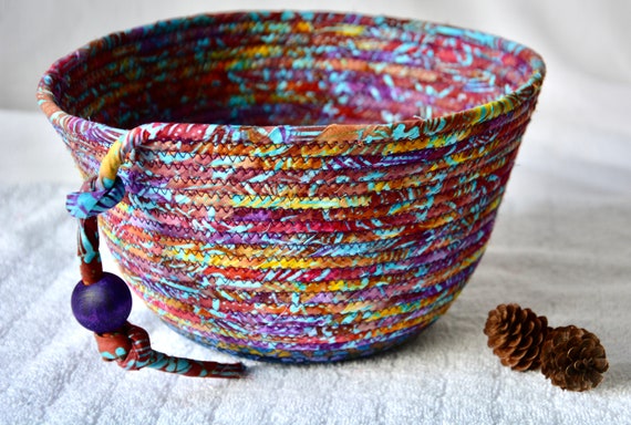 Rustic Violet Basket, Handmade Quilted Bowl, Beautiful Textile Art Basket, Bali Fabric Bowl, Country Fruit Bowl, Mail Bin, Napkin Holder