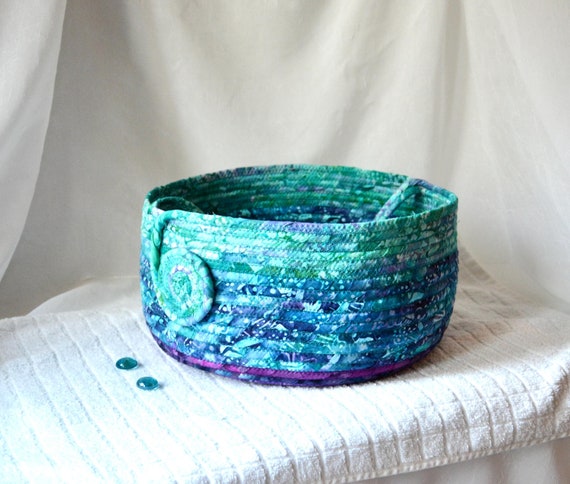 Teal Storage Organizer, Unique Handmade Textile Art Basket with handle, Turquoise Batik Fabric Bin, Bolga Style Knitting Project Bag