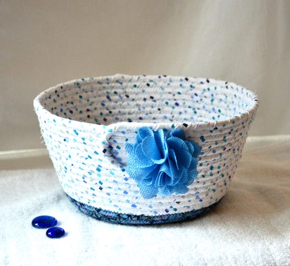Blue Fabric Bowl, 1 Handmade Napkin Holder, Cottage Chic Bread Basket, Key Holder, Quilted Fabric Rope Basket, Remote Control Bin