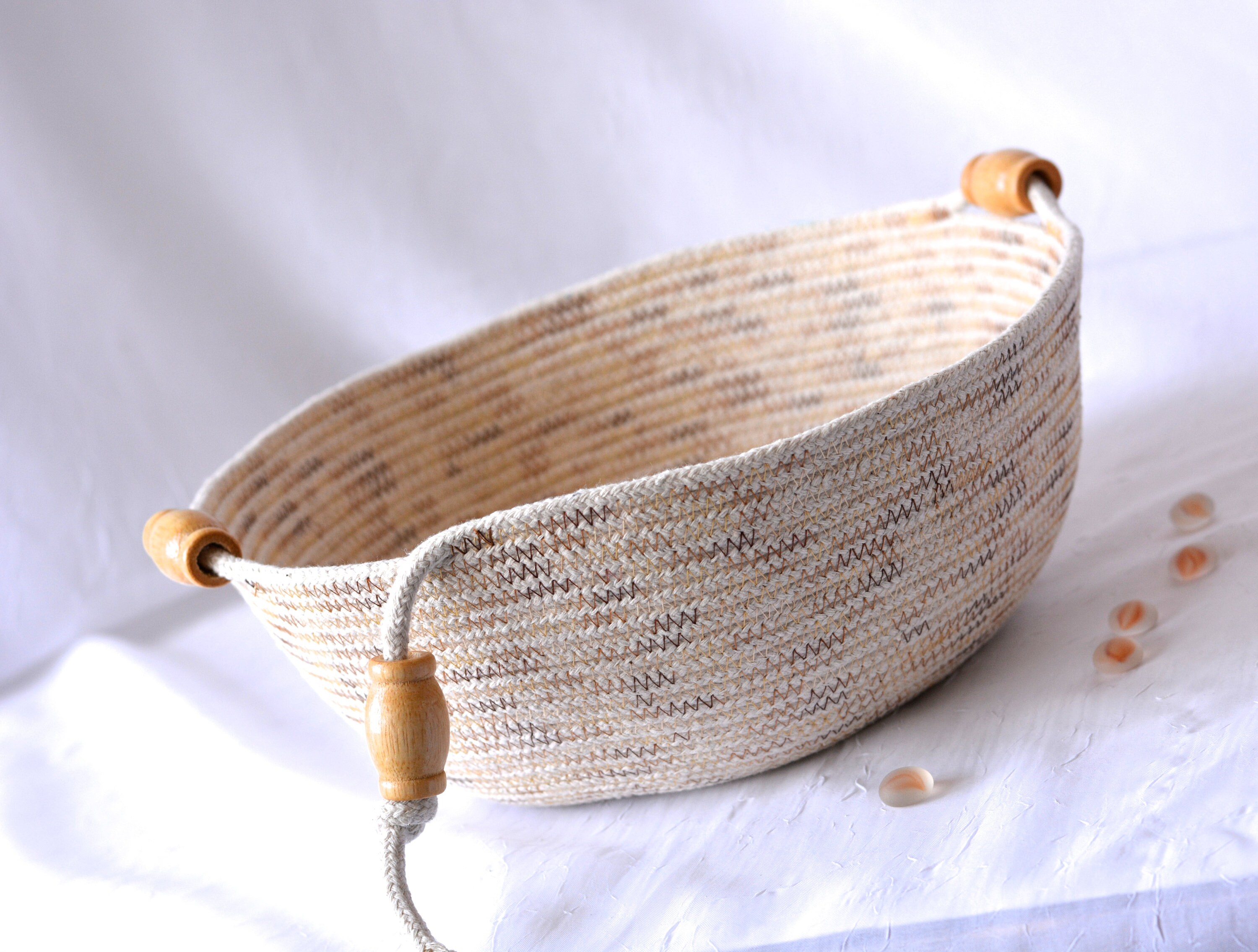 Primitive Rope Basket, Handmade Clothesline Quilted Bowl, Brush Holder