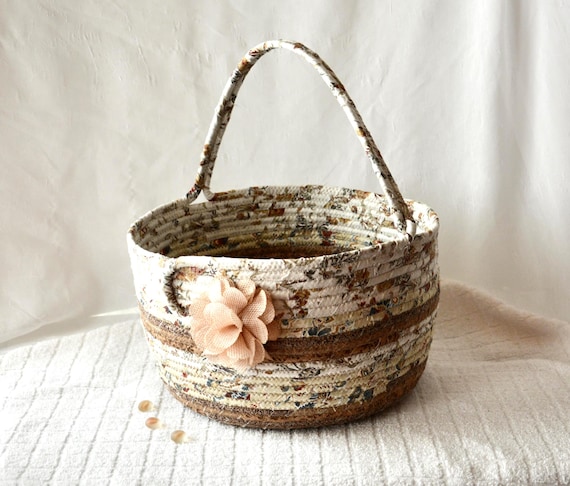Decorative Earth Tone Coiled Fabric Basket: Handmade Beige Textile Art, Shabby Chic Decor