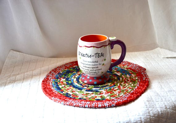 Handmade Place Mat, Decorative Spring Fabric Trivet, Hot Pad, Potholder, Scrappy Red and Blue Table Mat