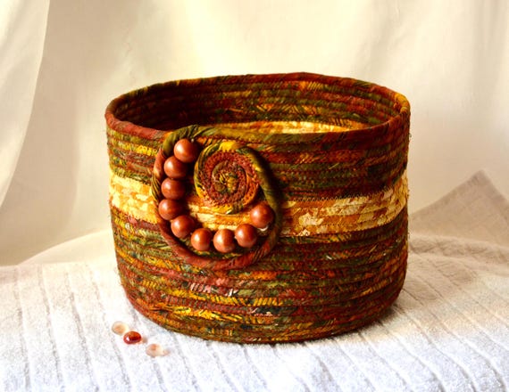 Artisan Batik Basket, Country Cottage Tissue Bin, Handcrafted Gift Basket, Earth Tone Fabric Basket, Rustic Towel Holder, Textile Art Basket