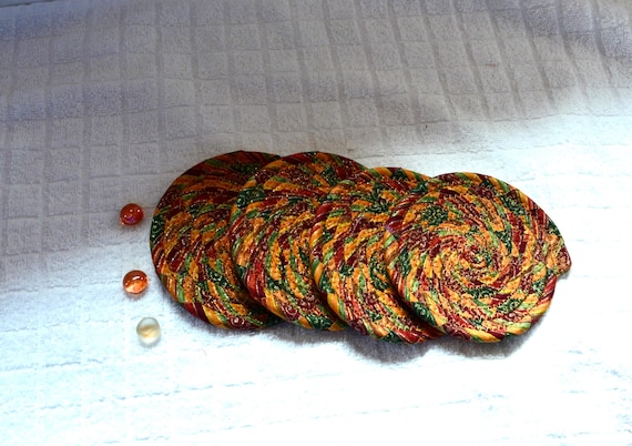 Fall Gold Orange Coasters, Handmade Fabric Rope Mug Rugs, Golden Autumn Home Decor