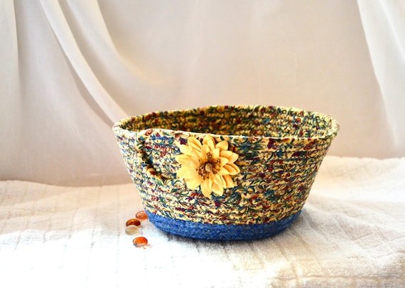 Country Blue Basket, Napkin Holder, Cottage Blue Fruit Bowl, Shabby Chic Key Basket, 1 Handmade Gift Basket, Fall Fabric Bowl, Gift for her