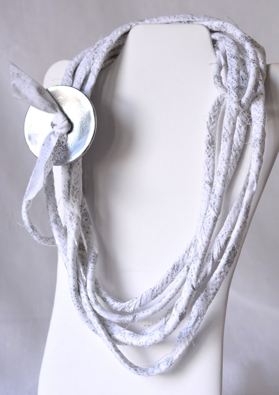 Silver Christmas Necklace, Winter White Fashion Jewelry, Handmade Stylish Fabric Necklace