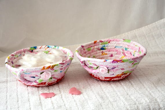 Pretty Candy Dishes, 2 Nesting Bowls, Handmade Key Basket Set, Country Ring Dish, Jewelry Tray, Pink Fabric Rope Baskets, Small Decor Bowls