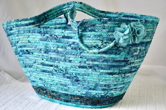 Turquoise Tote Bag, Handmade Batik Fabric Basket, Teal Blue Handbag, Knitting Project Bag, Lovely Gift Basket, Designer Tote