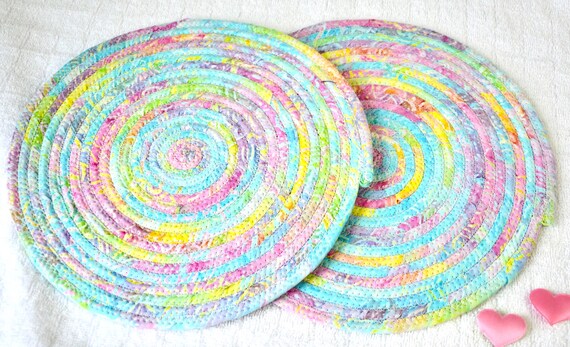 Handmade Easter Place Mat, 1 Batik Fabric Trivet: 1 Quilted Potholder, Pastel Blue Table Mat