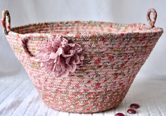 Waste Paper Basket, Handmade Mauve Floral Basket, Receptacle Trash Bin, Plant Holder, Pink Fabric Basket, Pretty Office Decor