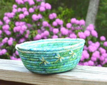 Handmade Teal Napkin Holder, Green Batik Fabric Rope Basket, Green Fruit Bowl