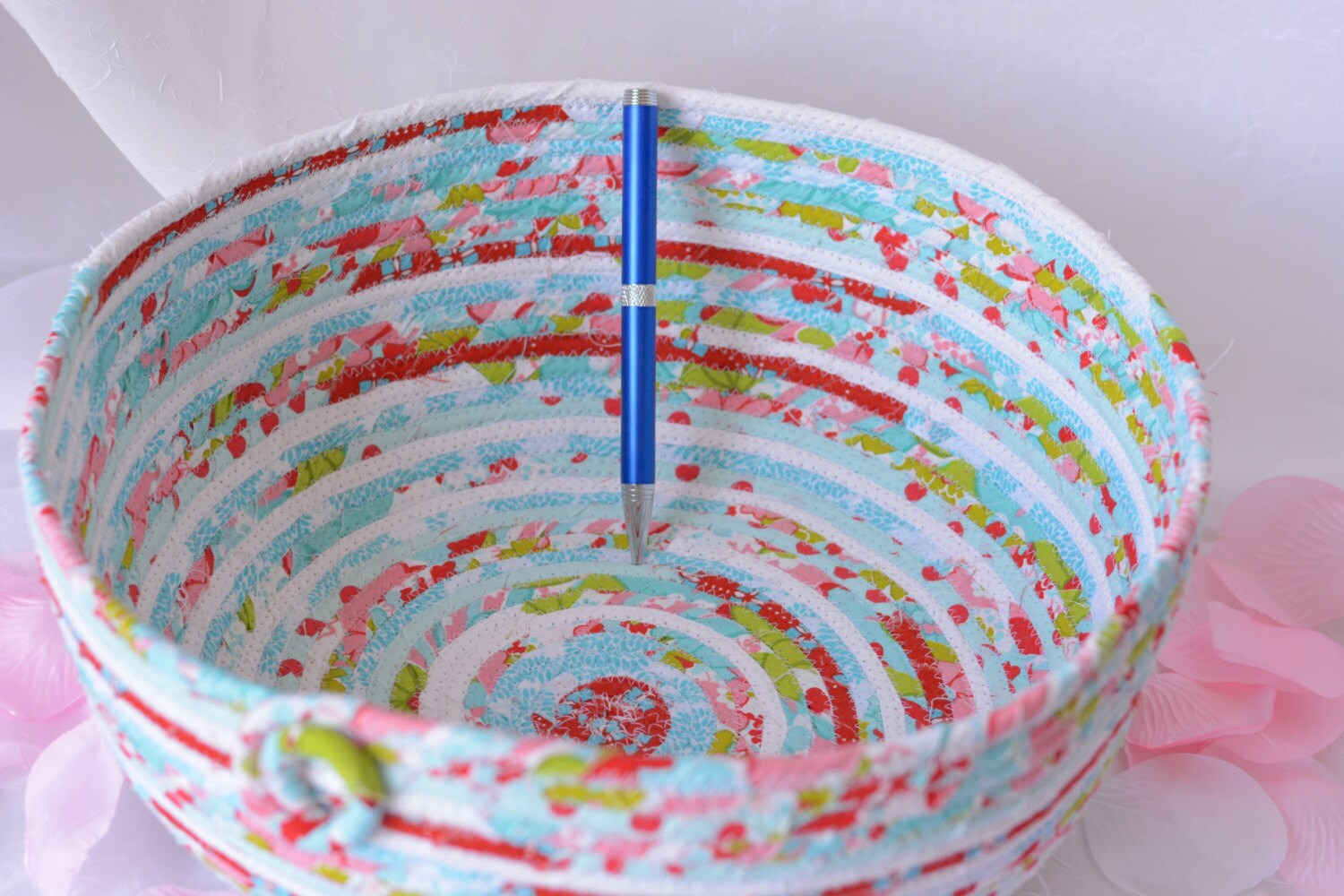 Decorative Picnic Basket, Handmade Fabric Basket, Modern Red and Aqua