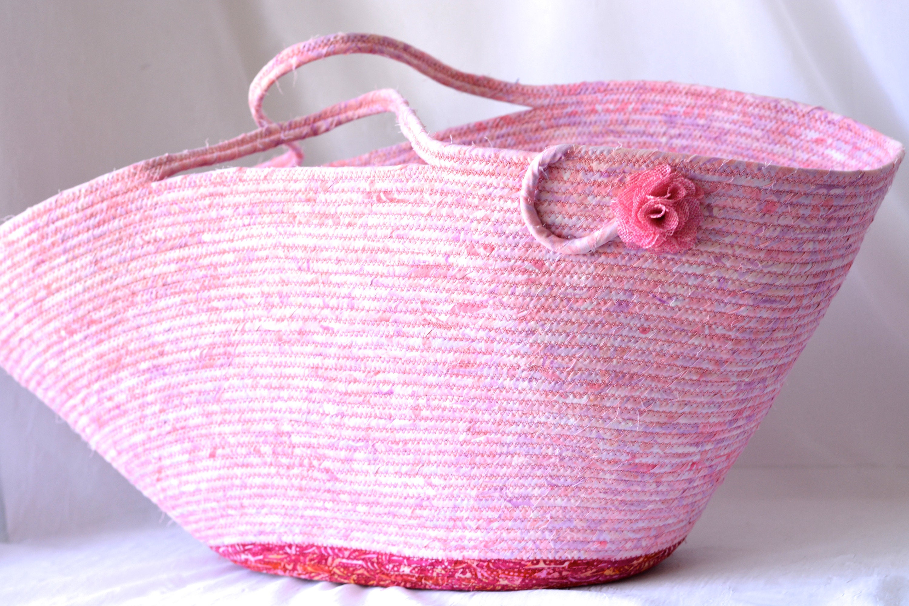 Pink Nursery Basket, Handmade Beach Bag, Picnic Tote Bag, Laptop Case