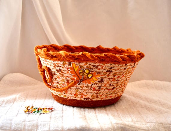 Fall Foliage Bowl, Thanksgiving Fruit Bowl, Autumn Decor Basket, 1 Handmade Napkin Basket, Artisan Woven Coiled Basket, Fabric Rope Bowl
