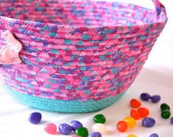 Pink Easter Basket, Handmade Easter Bucket, Girl Easter Bucket, Easter Egg Hunt Tote Bag, Free Name Tag, Coiled Fabric Rope Basket