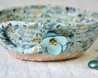 Turquoise Key Bowl, Ring Dish, Aqua Gift Basket, Handmade Candy Holder, Hand Coiled Rope Basket, Lovely Fabric Basket