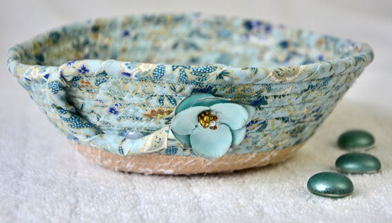 Turquoise Key Bowl, Ring Dish, Aqua Gift Basket, Handmade Candy Holder, Hand Coiled Rope Basket, Lovely Fabric Basket