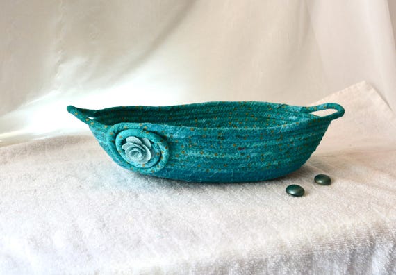 Turquoise Oval Bowl, Handmade Fabric Bowl, Beautiful Desk Basket, Teal Eyeglasses Holder, Unique Gift Basket, Gift for her Mom