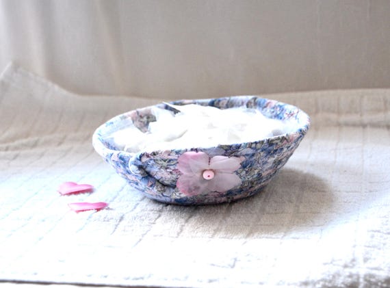 Shabby Chic Ring Dish, Handmade Floral Fabric Rope Basket, Pastel Candy Bowl