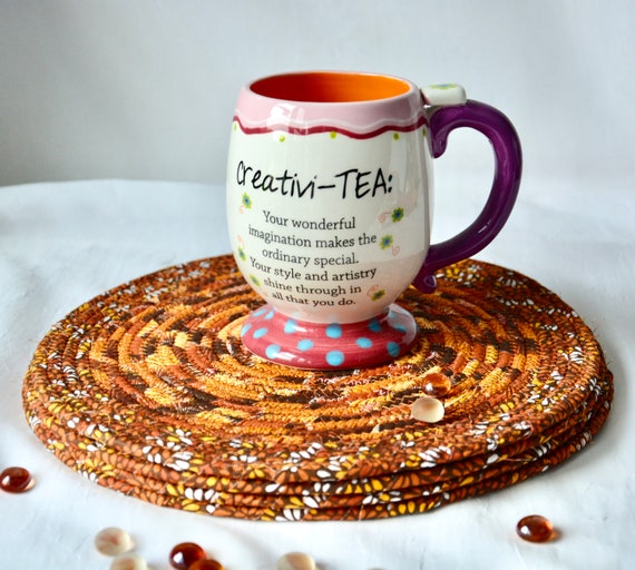 Fall Place Mat, 1 Handmade Quilted Fabric Rope Trivet, 10" Table Mat, Potholder, Autumn Table Topper, Fun Brown Hot Pad