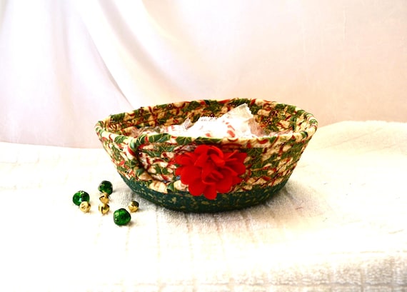 Christmas Candy Bowl, Handmade Fabric Rope Basket, Holiday Decoration, Potpourri Holder