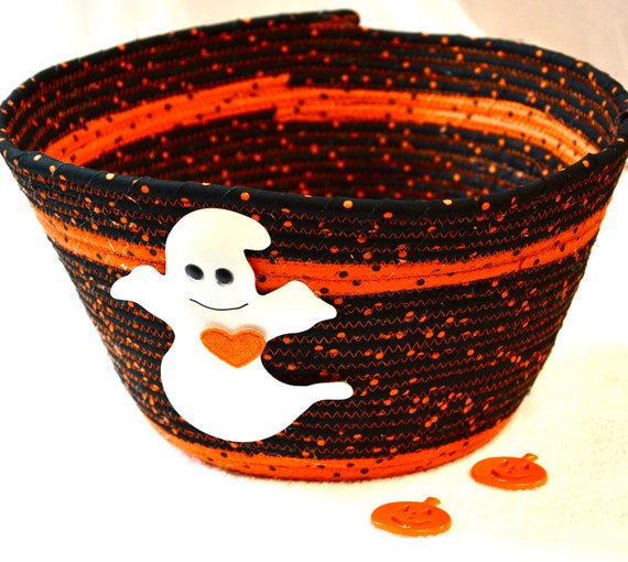 Decorative Halloween Bucket, Halloween Ghost Basket, Candy Holder, Fall Black Candy Basket, Handmade Gift Basket, Handcrafted Woven Basket