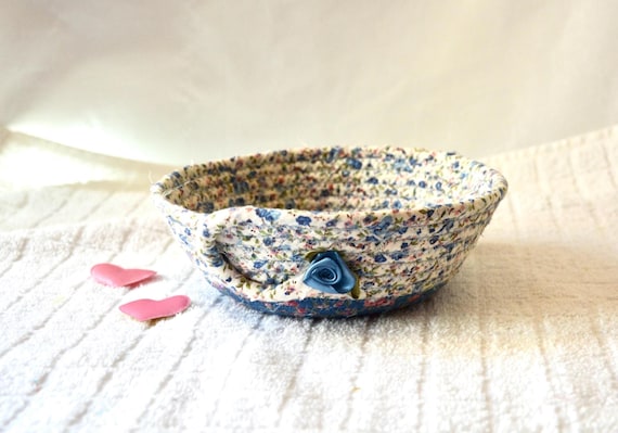 Shabby Chic Bowl, Blue Roses Key Bowl, Small Fabric Basket, Sweet Country Ring Dish, Handcrafted Candle Holder, Hand Coiled Rope Basket