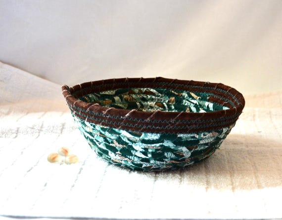 Fall Gift Basket, Rustic Green Basket, 1 Handmade Fabric Rope Bowl, Unique Key Bowl, Desk Dish, Coiled Change Bowl, Gift for Dad Father