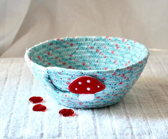 Summer Picnic Basket, Mushroom Heart Candy Dish, Handmade Change Holder, Whimsical Aqua Basket, Toadstool Jewelry Bowl, Birthday Gift