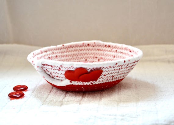 Handmade Valentine's Day Quilted Fabric Basket: Red Heart Shabby Chic Decor