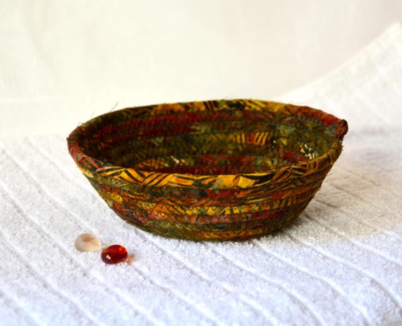 Artisan Crafted Bowl, Rustic Key Dish, 1 Handmade Batik Fabric Rope Bowl, Green Country Cottage Ring Tray, Gift for him Father Dad