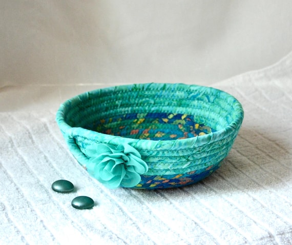 Teal Candy Bowl, Handmade Batik Fabric Basket, Decorative Key Holder, Quilted Basket, Turquoise Potpourri Basket, Unique Gift for her