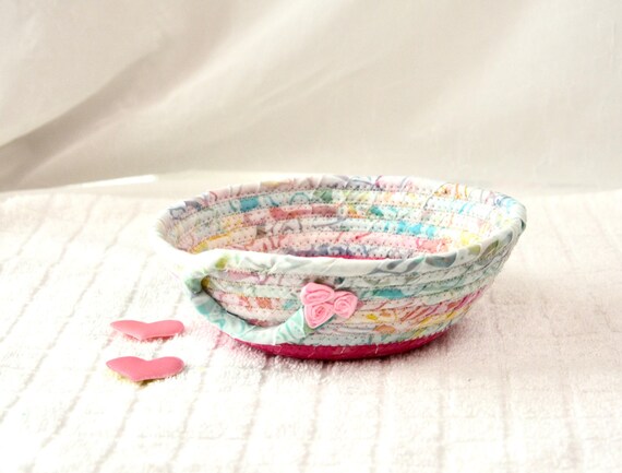 Pastel Pink Candy Dish, 1 Handmade Batik Fabric Bowl, Textile Art Basket, Small Ring Dish, Country Cottage Bowl, Mother Birthday Gift