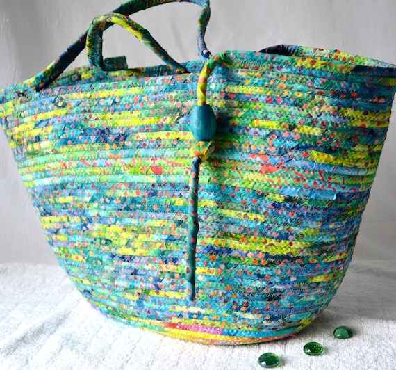 Batik Fabric Tote Bag, Green Laptop Case, Beach Bag, Picnic Basket, Blanket Holder, Handbag, Handmade Boho Moses Basket, Mother's Day gift