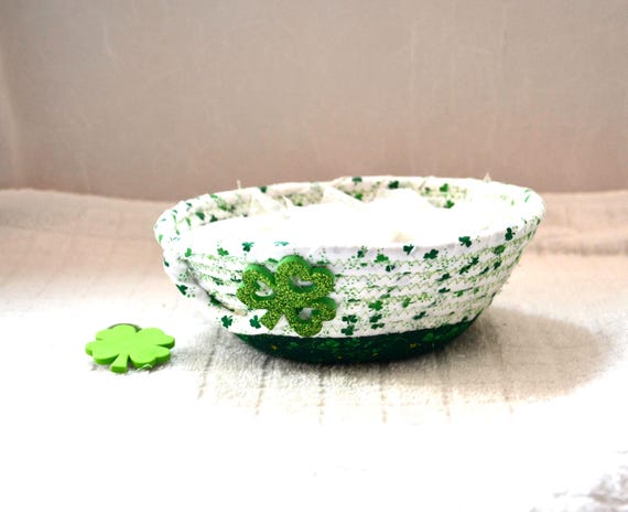 Handmade St. Patrick's Day Fabric Basket, Irish Green Candy Dish with Shamrock Decor