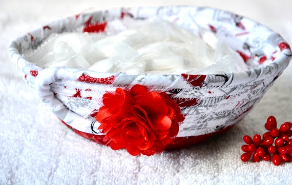 Christmas Candy Bowl, Silver and Red Gift Basket, Handmade Holiday Candy Dish, Decorative Red Desk Basket, Unique Christmas Fabric Basket