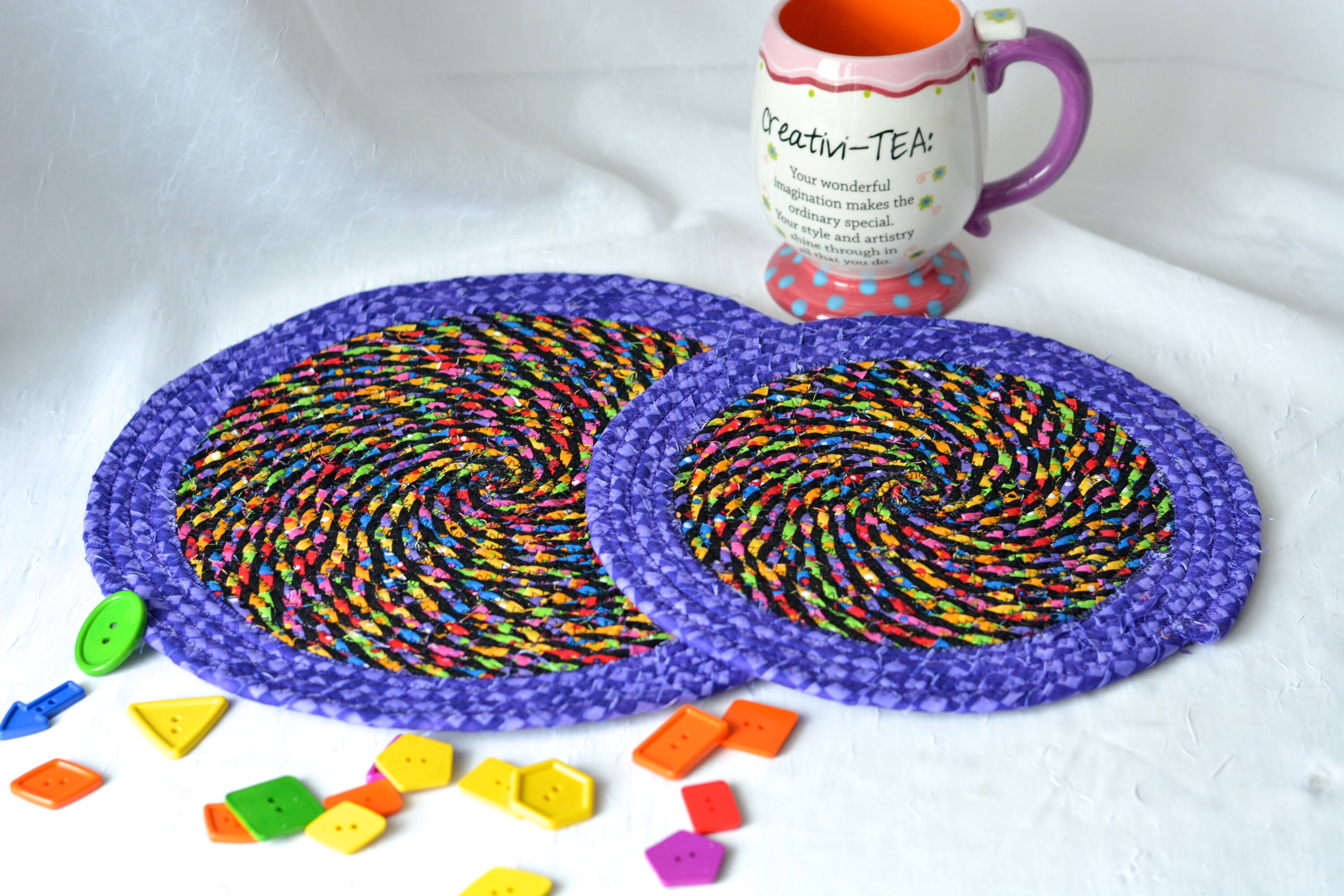 Purple Place Mats,Trivets, 2 Homemade Table Mats, Lovely Black and