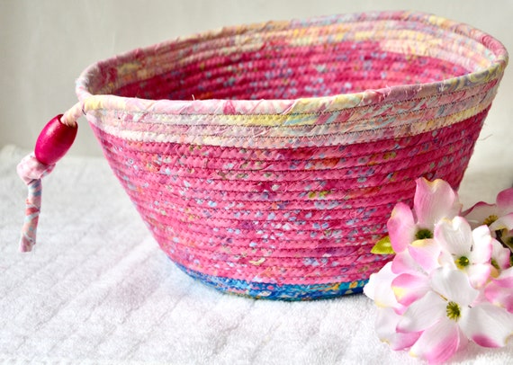 Unique Pink Gift Basket, Artisan Batik Fabric Basket, Handmade Pink Fruit Bowl, Napkin Holder, Bread Basket, Pretty Pink Bath Basket