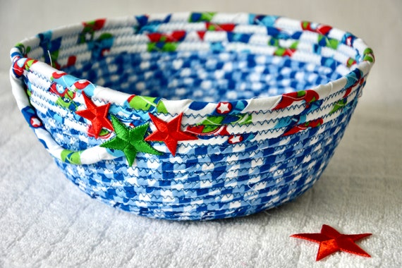 Blue Picnic Basket, Fun Fruit Bowl, Chip Party Basket, Handmade Key Bowl, Father's Day Gift, Fabric Rope Bowl, July 4th Picnic Basket