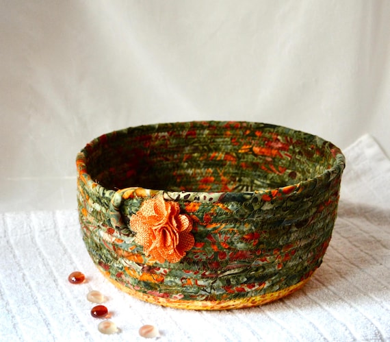 Country Batik Bowl, Rustic Bread Basket, Earth Tone Fruit Bowl, Handmade Fabric Basket, Olive Green Napkin Holder, Birthday Gift Basket