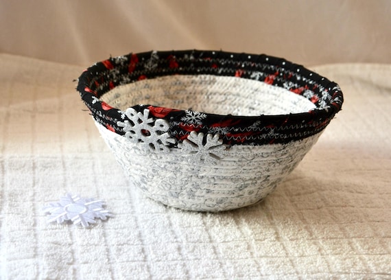 Winter Snowflake Decor Basket, Handmade White and Silver Fabric Bowl, Winter Snow Day Decoration