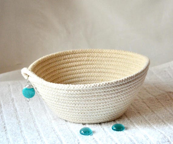 Farmhouse Candy Bowl, Minimalist Ring Dish, Potpourri Holder, Handmade Rope Basket, Country Key Tray, Turquoise Gift basket