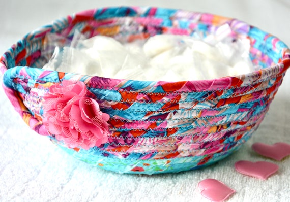 Pink Candy Bowl, Tropical Key Bowl, Fruit Bowl, Ring Dish, Change Bowl, Handmade Candle Holder, Hand Coiled Rope Basket