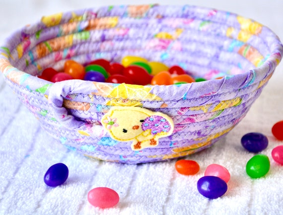 Lavender Easter Basket, Handmade Candy Bowl, Ring Dish, Desk Accessory Basket, Glitter Fabric Key Bowl, Potpourri Holder, Small Rope Bowl