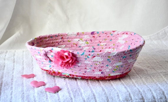 Pink Eyeglass Basket, Pretty Gift Basket, 1 Handmade Cottage Rose Basket, Desk Candy Bowl, Pink Fabric Basket, Rose Bud Decor
