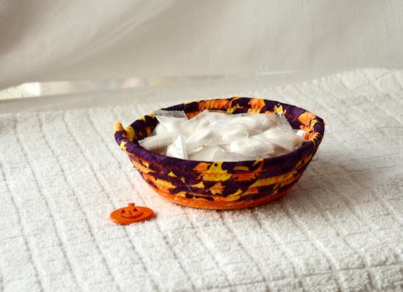 Halloween Candy Bowl, Key Holder, Desk Clip Basket, Trinket Dish, Entry Change Holder, Purple Batik Fabric Rope Basket, Gift Basket too!