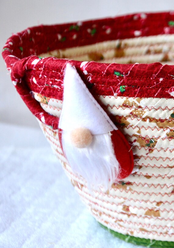 Gnome Holiday Decoration, Handmade Christmas Gift Basket, Gingerbread Fabric Bowl,  Holiday Card Basket, Large Christmas Candy Bowl